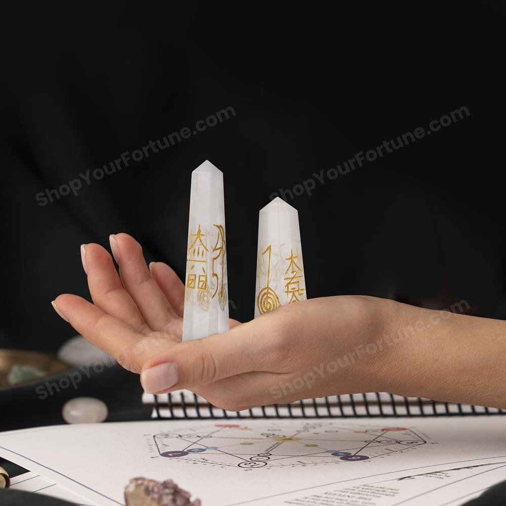 Clear Quartz Pencils With Symbol | Stimulate The Immune System (Set of 2)